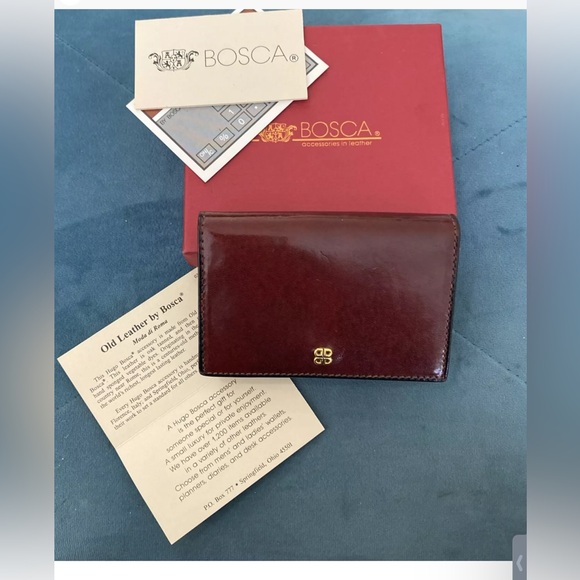 BOSCA Leather Fold Over Wallet Card Case Key Ring Burgundy